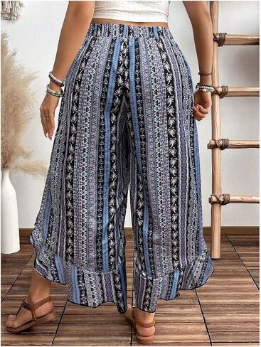OYOANGLE Women's Plus Size Boho Print Ruffle Trim Cropped Pants Slit Wide Leg High Waist Casual Trousers in Saudi Arabia