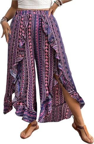 OYOANGLE Women's Plus Size Boho Print Ruffle Trim Cropped Pants Slit Wide Leg High Waist Casual Trousers in Saudi Arabia