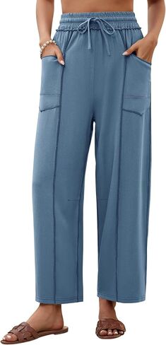 Womens Linen Barrel Pants Baggy Wide Leg Pants Summer Palazzo Drawstring Waist Pants with Pockets Casual in Saudi Arabia