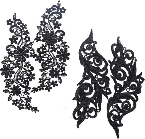GORGECRAFT 4Pcs 2 Styles Leaves Embroidered Appliques Lace Fabric Black Leaf Flower Sew on Patches DIY Wedding Dress Collar Neckline Trims Applique for Sewing Clothing Hat Bag Jeans Pillow Accessories in Saudi Arabia