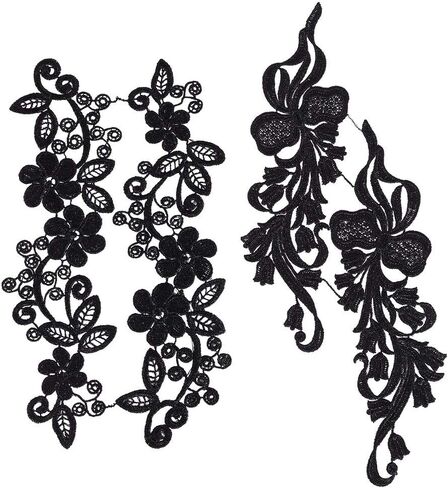 GORGECRAFT 4Pcs 2 Styles Leaves Embroidered Appliques Lace Fabric Black Leaf Flower Sew on Patches DIY Wedding Dress Collar Neckline Trims Applique for Sewing Clothing Hat Bag Jeans Pillow Accessories in Saudi Arabia