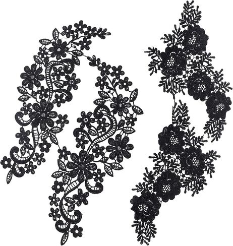 GORGECRAFT 4Pcs 2 Styles Leaves Embroidered Appliques Lace Fabric Black Leaf Flower Sew on Patches DIY Wedding Dress Collar Neckline Trims Applique for Sewing Clothing Hat Bag Jeans Pillow Accessories in Saudi Arabia