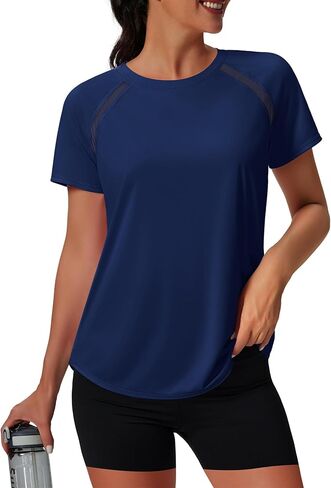 NIASHOT Womens Workout Tops Short Sleeve Yoga Pilates Outfits Athletic Gym Running UV Protection Shirts with Mesh in Kuwait
