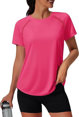 NIASHOT Womens Workout Tops Short Sleeve Yoga Pilates Outfits Athletic Gym Running UV Protection Shirts with Mesh in Kuwait