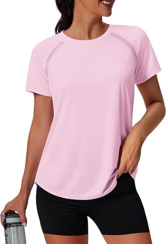 NIASHOT Womens Workout Tops Short Sleeve Yoga Pilates Outfits Athletic Gym Running UV Protection Shirts with Mesh in Kuwait