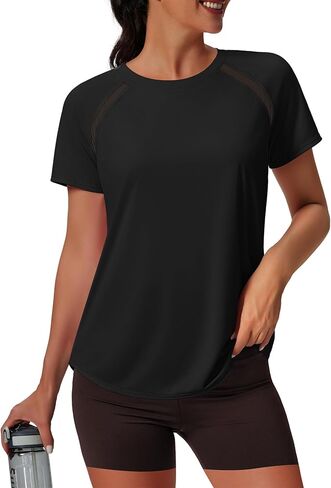 NIASHOT Womens Workout Tops Short Sleeve Yoga Pilates Outfits Athletic Gym Running UV Protection Shirts with Mesh in Kuwait