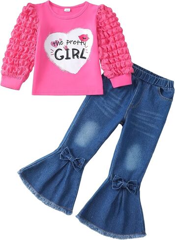 Kucnuzki Toddler Girl Clothes Cute Kids Clothes Long Sleeve Shirts Top Bell Bottom Denim Jeans Pants 2 Piece Matching Outfits in Saudi Arabia