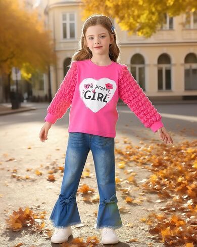 Kucnuzki Toddler Girl Clothes Cute Kids Clothes Long Sleeve Shirts Top Bell Bottom Denim Jeans Pants 2 Piece Matching Outfits in Saudi Arabia