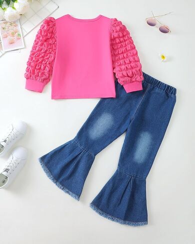 Kucnuzki Toddler Girl Clothes Cute Kids Clothes Long Sleeve Shirts Top Bell Bottom Denim Jeans Pants 2 Piece Matching Outfits in Saudi Arabia