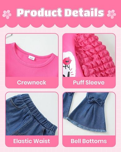 Kucnuzki Toddler Girl Clothes Cute Kids Clothes Long Sleeve Shirts Top Bell Bottom Denim Jeans Pants 2 Piece Matching Outfits in Saudi Arabia