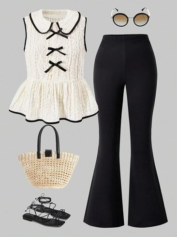 Spring and summer two-piece girls' casual fashion lapel contrasting bow top paired with flared pants in Saudi Arabia