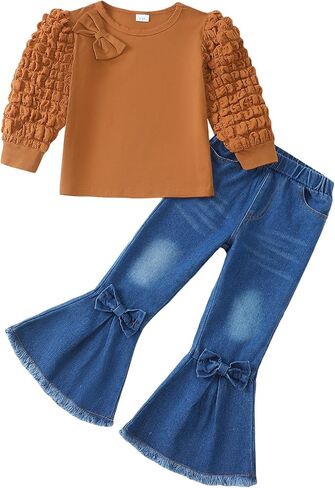 Kucnuzki Toddler Girl Clothes Cute Kids Clothes Long Sleeve Shirts Top Bell Bottom Denim Jeans Pants 2 Piece Matching Outfits in Saudi Arabia