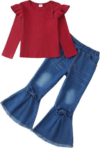 Kucnuzki Toddler Girl Clothes Cute Kids Clothes Long Sleeve Shirts Top Bell Bottom Denim Jeans Pants 2 Piece Matching Outfits in Saudi Arabia