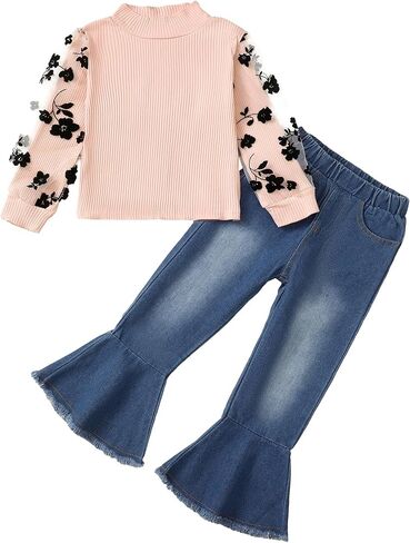 Kucnuzki Toddler Girl Clothes Cute Kids Clothes Long Sleeve Shirts Top Bell Bottom Denim Jeans Pants 2 Piece Matching Outfits in Saudi Arabia