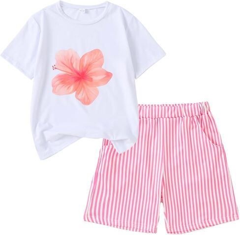 Girls’ Youth Summer Casual Outfit Set Solid Color Floral Print Top + Pink-White Vertical Stripe Shorts Clothing Set in Kuwait