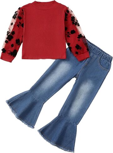 Kucnuzki Toddler Girl Clothes Cute Kids Clothes Long Sleeve Shirts Top Bell Bottom Denim Jeans Pants 2 Piece Matching Outfits in Saudi Arabia