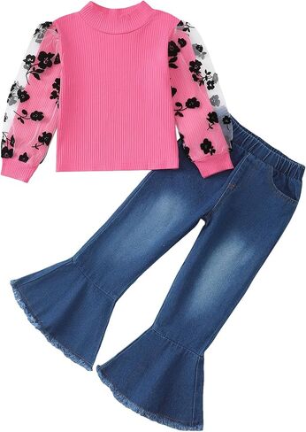 Kucnuzki Toddler Girl Clothes Cute Kids Clothes Long Sleeve Shirts Top Bell Bottom Denim Jeans Pants 2 Piece Matching Outfits in Saudi Arabia