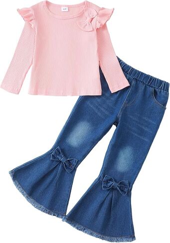 Kucnuzki Toddler Girl Clothes Cute Kids Clothes Long Sleeve Shirts Top Bell Bottom Denim Jeans Pants 2 Piece Matching Outfits in Saudi Arabia