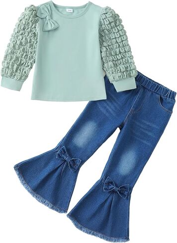 Kucnuzki Toddler Girl Clothes Cute Kids Clothes Long Sleeve Shirts Top Bell Bottom Denim Jeans Pants 2 Piece Matching Outfits in Saudi Arabia