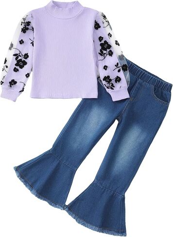 Kucnuzki Toddler Girl Clothes Cute Kids Clothes Long Sleeve Shirts Top Bell Bottom Denim Jeans Pants 2 Piece Matching Outfits in Saudi Arabia