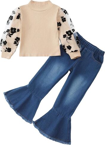 Kucnuzki Toddler Girl Clothes Cute Kids Clothes Long Sleeve Shirts Top Bell Bottom Denim Jeans Pants 2 Piece Matching Outfits in Kuwait