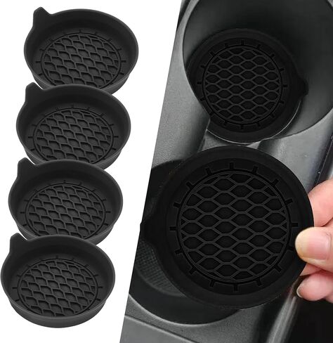 4PCS Car Cup Holder Coasters, Silicone Non-Slip Vehicle Cup Recessed Mats, Sift-Proof Automotive Interior Drink Insert Decor Accessories, Universal for SUV, Sedan, Truck (Black) in Saudi Arabia