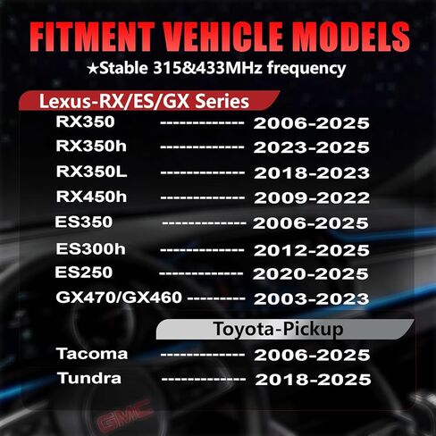 TPMS مطور، مستشعر ضغط الإطارات المبرمج مسبقًا مناسب لسيارة Toyota Tacoma(2006-2025)، Tundra(2018-2025)، Lexus RX350(2006-2025)، ES350/300h(2006-2025)، GX470/460(2003-2023)، 315 و433 ميجاهرتز سلسلة GX/RX/ES (4 قطع) in Kuwait