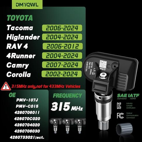 315Mhz Pre-Programmed TPMS Design for Toyota - Tacoma (2006-2024) Highlander (2007-2019) RAV4 (2006-2012) 4Runner (2004-2024) Camry(2007-2024) Corolla(2002-2024) Tire Pressure Sensor (4PCS) in Kuwait