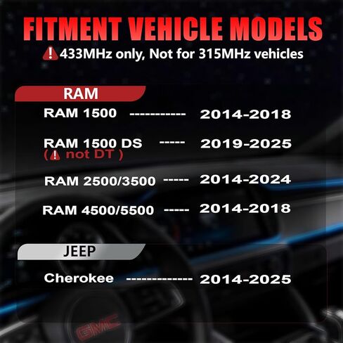 433 ميجا هرتز TPMS، مستشعر ضغط الإطارات المبرمج مسبقًا مناسب لذاكرة الوصول العشوائي 1500 (2014-2018)، ذاكرة الوصول العشوائي 1500 DS (2019-2025، وليس DT)، جيب شيروكي (2014-2025)، ذاكرة الوصول العشوائي 2500/3500 (2014-2024)، ذاكرة الوصول العشوائي 4500/5500( in Kuwait