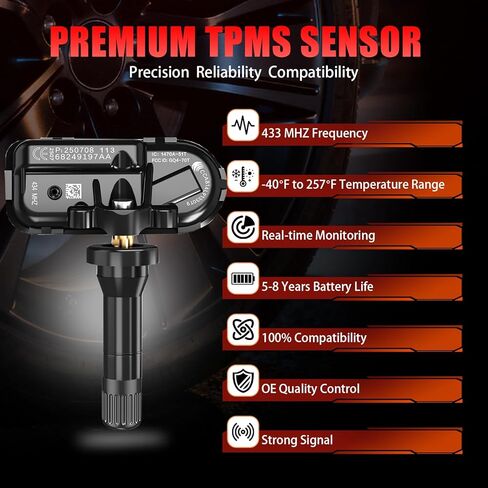 433 ميجا هرتز TPMS، مستشعر ضغط الإطارات المبرمج مسبقًا مناسب لذاكرة الوصول العشوائي 1500 (2014-2018)، ذاكرة الوصول العشوائي 1500 DS (2019-2025، وليس DT)، جيب شيروكي (2014-2025)، ذاكرة الوصول العشوائي 2500/3500 (2014-2024)، ذاكرة الوصول العشوائي 4500/5500( in Kuwait