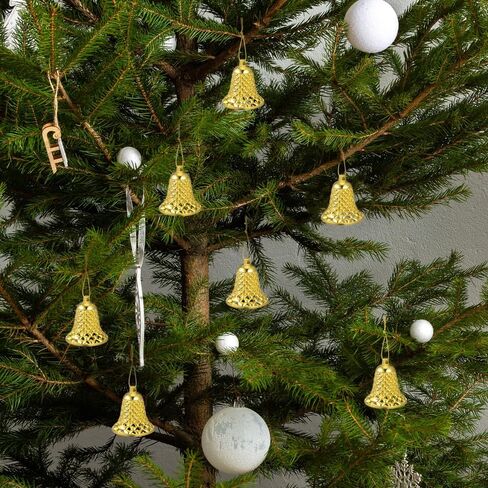 Christmas Gold Jingle Bells：12pcs Gold Bells for Xmas Hanging Decorations, Reusable Xmas Ornament Ringbell for Christmas Tree Pendant Holiday Decoration（Plastic，2inch） in Saudi Arabia