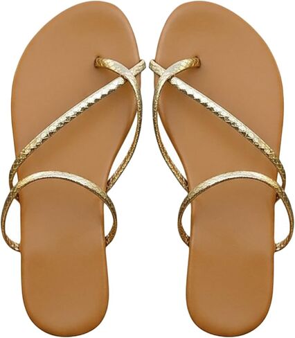 GORGLITTER Women's Metallic Sandals Open Toe Ring Strappy Dressy Flat Sandals Summer Slip on Leather Thong Slides in Saudi Arabia