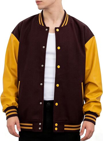 Men's Varsity Jacket Bomber Letterman Jacket Leather Sleeve Vintage Style Lightweight Outerwear in Saudi Arabia