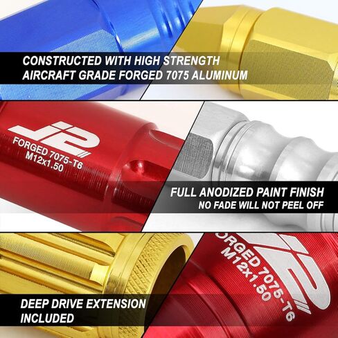 J2 Engineering 16 قطعة 7075 ألومنيوم مفتوح النهاية M12 x 1.5 صواميل العروة مع 4 قطع صواميل قفل ومفتاح، أسود، مقعد مخروطي مناسب، LN-T7-002-15-BK in Saudi Arabia