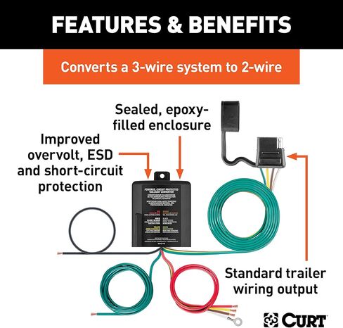 CURT 56496 Weather-Resistant Powered 3-to-2-Wire Splice-in Trailer Tail Light Converter, 4-Pin Wiring Harness , Black in Saudi Arabia