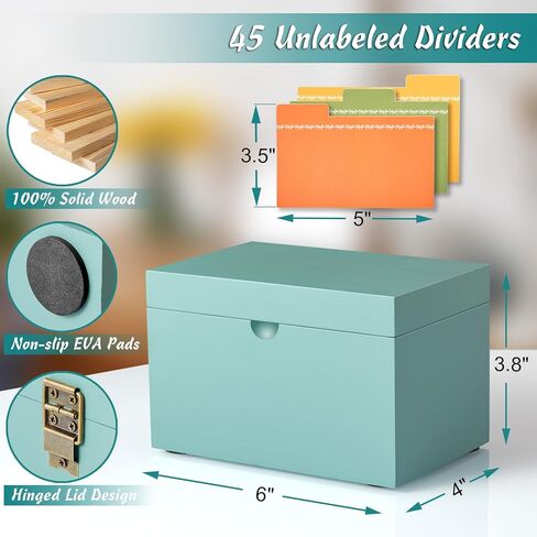 صندوق بطاقات الفهرس 3x5 من DRASTAR، صندوق وصفات صغير، منظم بطاقات الفهرس الخشبي مع 45 فواصل، منظمات البطاقات التعليمية باللون الأزرق المخضر in Kuwait