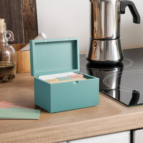 صندوق بطاقات الفهرس 3x5 من DRASTAR، صندوق وصفات صغير، منظم بطاقات الفهرس الخشبي مع 45 فواصل، منظمات البطاقات التعليمية باللون الأزرق المخضر in Kuwait