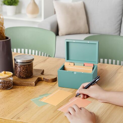 صندوق بطاقات الفهرس 3x5 من DRASTAR، صندوق وصفات صغير، منظم بطاقات الفهرس الخشبي مع 45 فواصل، منظمات البطاقات التعليمية باللون الأزرق المخضر in Kuwait