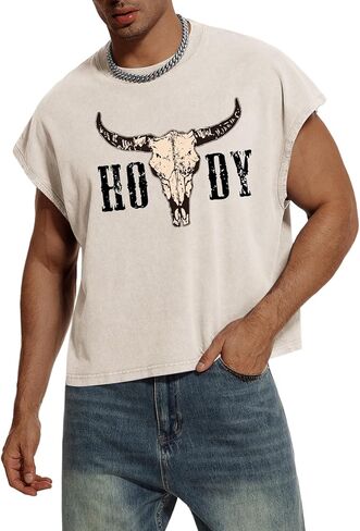 Men's Western Cowboy Crop Top Cow Skull Graphic Cropped Sleeveless T Shirt Country Concert Summer Tank Tops in Saudi Arabia