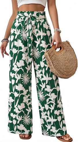 ECOWISH بنطال ذو قصة أرجل واسعة للنساء صيف 2023 بالازو الاستوائية الأزهار عادية عالية الخصر بنطلون واسع مع جيوب in Kuwait