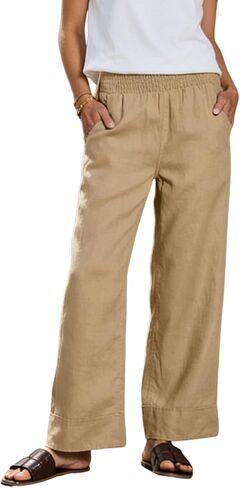 سروال نسائي من Xiaoxuemeng مصنوع من القطن والكتان كاجوال واسع الساق وسروال فضفاض مع جيوب in Kuwait