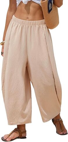 EXLURA Womens Faux Linen Wide Leg Boho Pants Summer Palazzo Casual Loose Elastic Waist Baggy Trousers Beach Vacation Pockets in Saudi Arabia