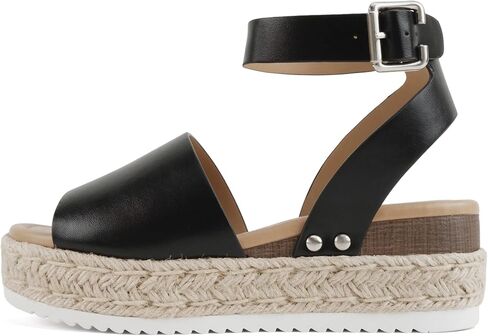 Soda Topic Open Toe Buckle Ankle Strap Espadrilles Flatform Wedge Casual Sandal (Black, 6.5) in Saudi Arabia
