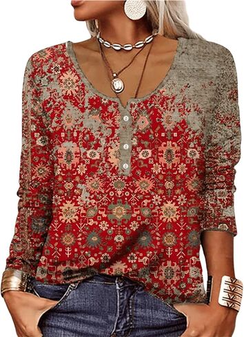 Women Boho Floral Button Up Long Sleeve Shirts Vintage Bohemian Blouse Tops Casual Retro Graphic T-Shirt Beachwear in Saudi Arabia