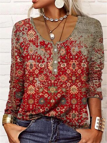 Women Boho Floral Button Up Long Sleeve Shirts Vintage Bohemian Blouse Tops Casual Retro Graphic T-Shirt Beachwear in Saudi Arabia