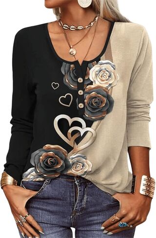 Women Boho Floral Button Up Long Sleeve Shirts Vintage Bohemian Blouse Tops Casual Retro Graphic T-Shirt Beachwear in Saudi Arabia