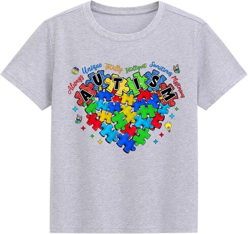 قميص للتوعية بمرض التوحد للأولاد والبنات، طفل صغير مختلف، جميل، لغز على شكل قلب، تي شيرت للأطفال المصابين بالتوحد، من عمر 4 إلى 7 سنوات in Kuwait