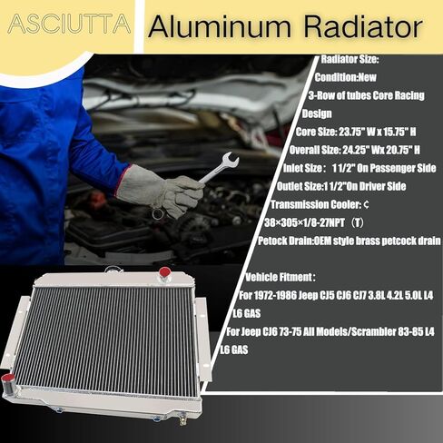 CC583 AA5052 Aluminum Radiator For 1972-1986 Jeep CJ5 CJ6 CJ7 Scrambler Cherokee 3.8L 4.2L 5.0L V8 Radiador 3 Row Core Radiators in Kuwait