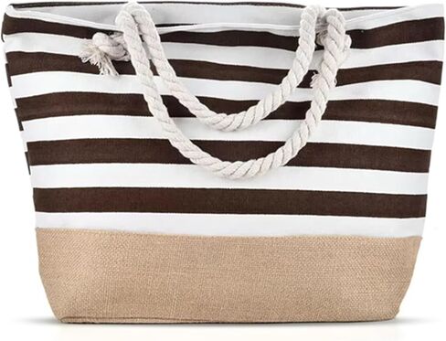 Large Canvas and Jute Beach Bag with Zipper and Rope Handles — Striped Boho Tote for Women, Oversized Pool and Travel Bag in Saudi Arabia