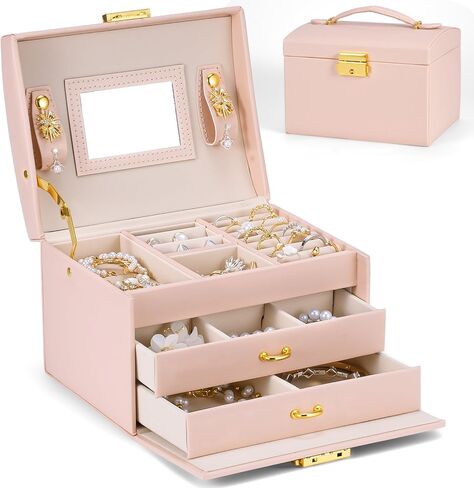 Jewelry Box for Girls Women, 3-Layer Jewelry Organizer with Mirror and Portable Handle, Small Jewellery Organizers for Young Women, Teenage Girl, 17.2 x 13.5 x 12.5 cm Pink in Saudi Arabia